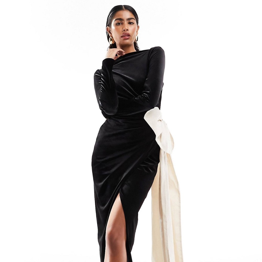 ASOS DESIGN velvet long sleeve wrap maxi dress with contrast bow sash detail